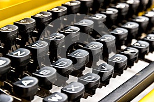 Vintage typewriter keyboard close up, macro shot