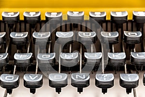 Vintage typewriter keyboard close up, macro shot