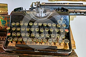 Vintage Typewriter Machine Closeup Photo. Old Fashioned Antique Typewriter.