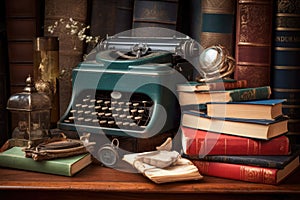 vintage typewriter and old books on a table