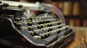 Vintage typewriter with round keys on a wooden table in the library