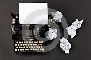 Vintage typewriter top down flatlay shot from above with empty,