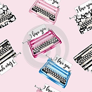 Vintage typewriters seamless pattern	on pink background photo