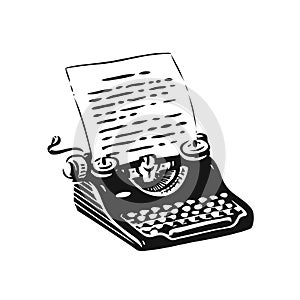 Vintage typing machine symbol. Hand drawn retro typewriter vector illustration