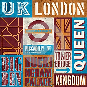 Vintage typo collage with london landmark names on a grunge textured background