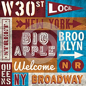 Vintage typo collage with new york street names on a grunge textured background