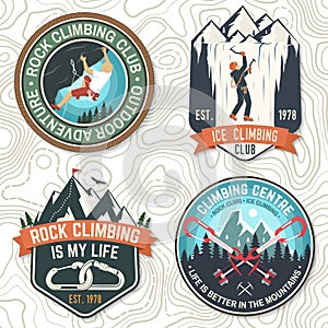 Vintage typography design with climber, carabiner and mountains