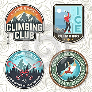 Vintage typography design with climber, carabiner and mountains