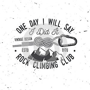 Vintage typography design with knot for quickly tying a climbing rope and carabiner.