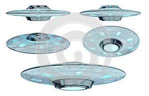 Vintage UFO collection isolated on white background 3D rendering