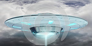 Vintage UFO flying on cloudy sky 3D rendering