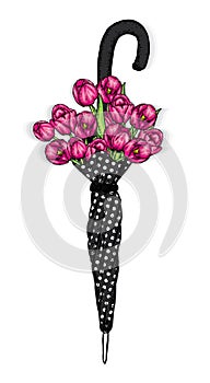 Vintage umbrella and a beautiful bouquet of tulips. Vector illustration. Spring flowers.