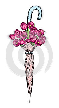 Vintage umbrella and a beautiful bouquet of tulips. Vector illustration. Spring flowers.