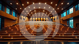 vintage university interior with rows of seats, podium, and an empty auditorium symbolizing higher education and