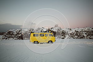 Vintage ussr yellow van winter snow forest