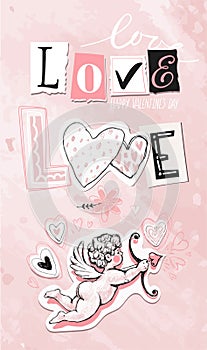 Vintage Valentine card with cupid and the word Love from newspaper letters, hand drawn pink background, holiday collage