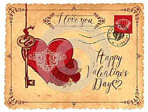 Vintage valentine card with key, heart and roses