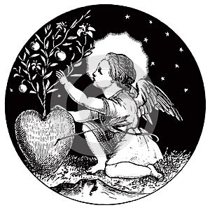 Vintage Valentine Cherub Angel Cupid with Heart Illustration
