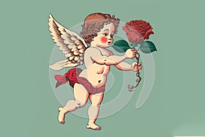 vintage valentines day cupid with rose, bow and arrow. Valentines Day cute character with bow and arrow. Generative AI