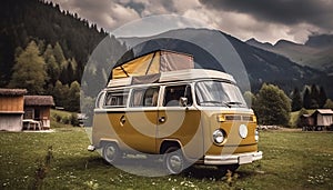 Vintage van for camping and travel in the background of a mountain landscape, AI generated