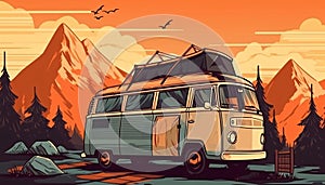 Vintage van for camping and travel in the background of a mountain landscape on sunset, AI generated