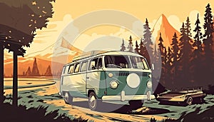 Vintage van for camping and travel in the background of a mountain landscape on sunset, AI generated