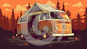 Vintage van for camping and travel in the background of a mountain landscape on sunset, AI generated