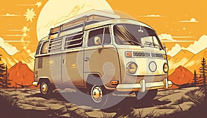 Vintage van for camping and travel in the background of a mountain landscape on sunset, AI generated