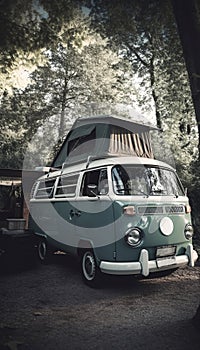 Vintage van for camping and traveling on a forest road, generated AI