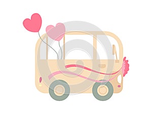 Vintage Van Decorated with Ribbons, Romantic Wedding Retro Mini Bus with Hearts, Side View Vector Illustration