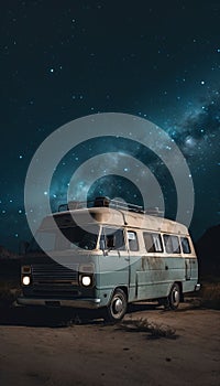 Vintage van on a desert landscape at night against the background of a starry sky, generated AI