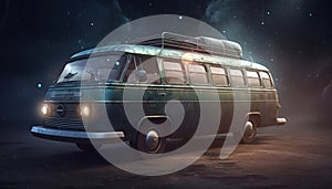 Vintage van on a desert landscape at night against the background of a starry sky, generated AI