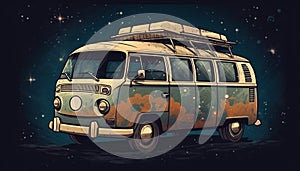 Vintage van on a desert landscape at night against the background of a starry sky, generated AI