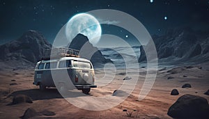 Vintage van on a desert landscape at night against the background of a starry sky and moon, generated AI