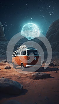 Vintage van on a desert landscape at night against the background of a starry sky and moon, generated AI