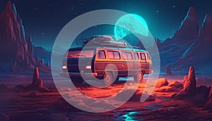 Vintage van on a desert landscape at night background of a starry sky and moon, generated AI