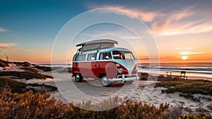 Vintage van driving along coastal road at sunset with the beautiful sea in the background