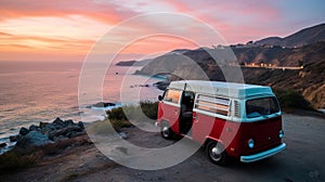 Vintage van driving on coastal road at sunset near the sea, scenic travel concept