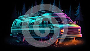 Vintage van in neon light and an alien space forest on a black background, AI generated