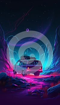 Vintage van in neon light on an unknown planet of the night starry sky background, Unusual space travel concept