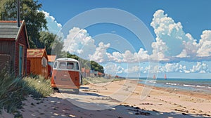 A vintage van is parked peacefully on a sandy beach against a backdrop of rolling waves and a colorful sunset sky