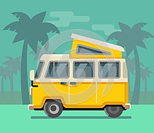Vintage van. Summer vacation time, tropics.