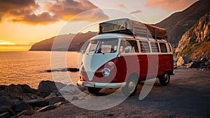 Vintage van at sunset on coastal road by sea, creating serene nostalgic scene with picturesque view