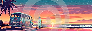 Vintage van and surfboard on tropical beach with palm trees during colorful sunset banner. Panoramic web header. Wide