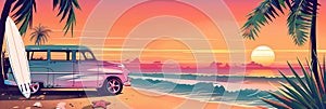 Vintage van and surfboard on tropical beach with palm trees during colorful sunset banner. Panoramic web header. Wide