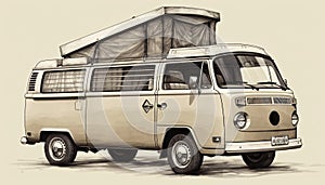 Vintage van with an tent awning for camping and travel on a light background, AI generated