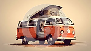 Vintage van with an tent awning for camping and travel on a light background, AI generated