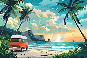 Vintage Van on Tropical Beach at Sunset