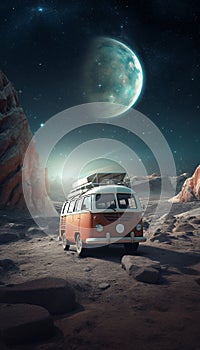 Vintage van on an unknown planet of the night starry sky background, Unusual space travel concept, generated AI