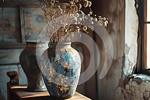 Vintage vase with dried flowers adds charm to a cozy room. Concept Vintage Decor, Cozy Home, Dried